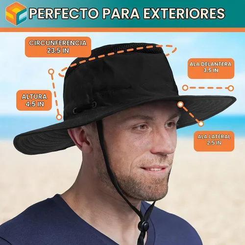 Vista 5 de SUN CUBE Sombrero de ala ancha para hombres y mujeres, protección UV UPF 50+, sombrero de safari Boonie con correa para la barbilla, bolsillo Negro
