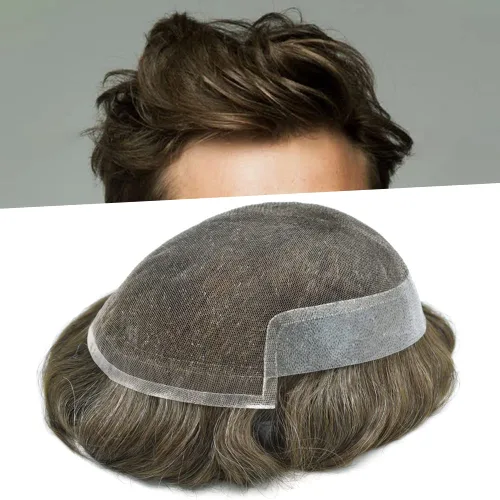 Vista 32 de Tupé de encaje suizo para hombres, piezas de cabello humano real, encaje frontal, sistema de reemplazo de cabello tipo tupé, nudo blanqueado, línea