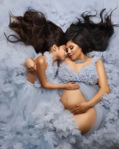 Vista 7 de Vestidos de maternidad de tul para sesión de fotos con volantes hinchados, vestidos de embarazo, vestidos de maternidad transparentes para baby