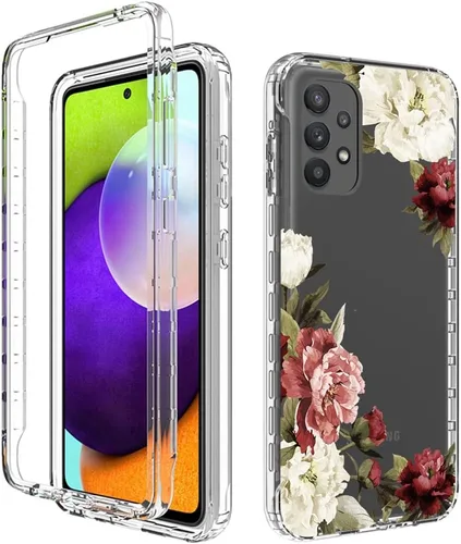 Vista 6 de Funda para teléfono Galaxy A52 5G/4G/Galaxy A52S SM-A526 con protector de pantalla de vidrio templado, bonito patrón floral transparente, funda