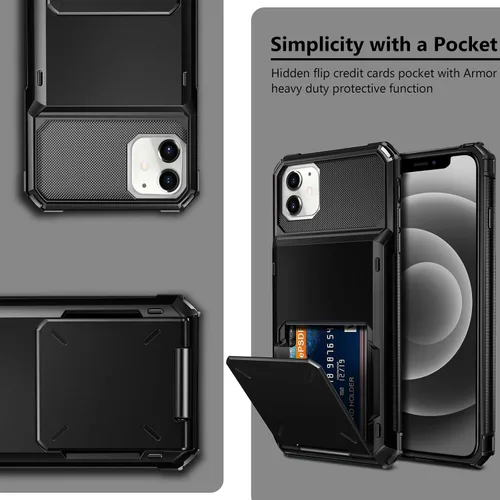 Vista 5 de Vofolen Funda compatible con iPhone 12, cartera 5G, 4 ranuras para tarjetas, tarjetero con bolsillo oculto, doble capa, cubierta trasera protectora