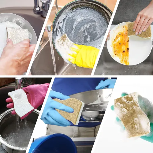 Vista 7 de Paquete de 9 esponjas de cocina naturales biodegradables – Esponja compostable de celulosa y nuez de coco – Esponjas ecológicas sostenibles