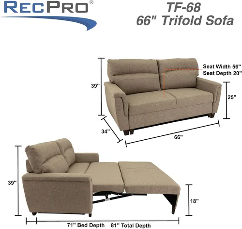 Vista 2 de RecPro Sofá cama triple RV de 66 pulgadas Sofá cama RV Sofá cama Muebles de RV Camillas RV (castaño)