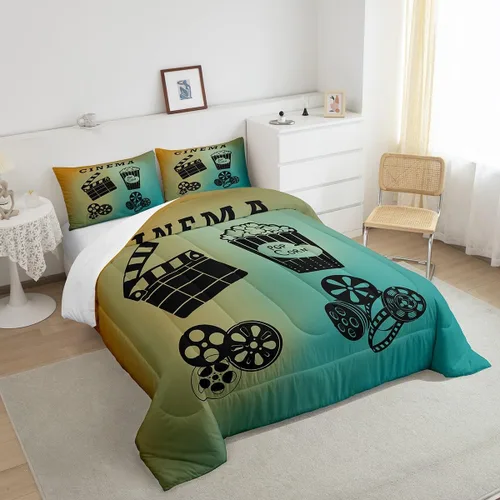 Vista 4 de Juego de edredón de cine tamaño individual, ropa de cama vintage de cine para niños, niñas y adultos, juego de edredón de palomitas de maíz