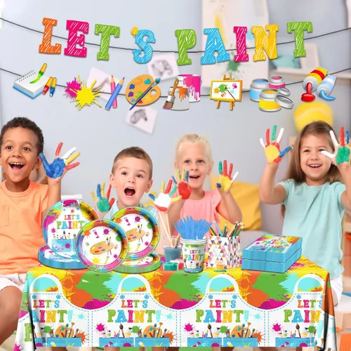Vista 2 de Suministros para fiesta de pintura, juego de vajilla para fiesta de arte de 142 piezas incluye platos para fiesta de pintura y servilletas, manteles