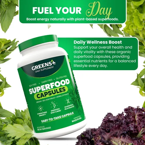 Vista 8 de Greens+ Superfood Organic Super Greens Cápsulas vegetales con clorela orgánica, espirulina, alfalfa y pasto de trigo, suplemento mezclado
