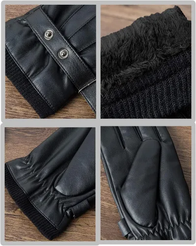Vista 2 de SANKUU Winter Leather Gloves for Men, Touchscreen Snap Closure Cycling Black Gloves Outdoor Riding Warm Waterproof Gloves