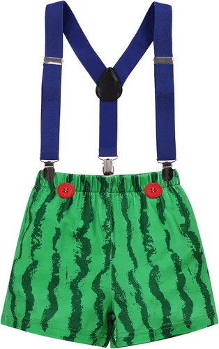 Vista 19 de Conjunto de 4 piezas de 3 piezas para bebé, diseño de sandía, para el primer cumpleaños, para tarta, de manga corta, pañales, con tirantes