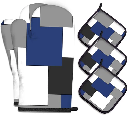 Vista 22 de MCALK Juego de 5 manoplas de horno y soportes para ollas, guantes abstractos para horno y almohadillas calientes para cocina de cocina, manoplas