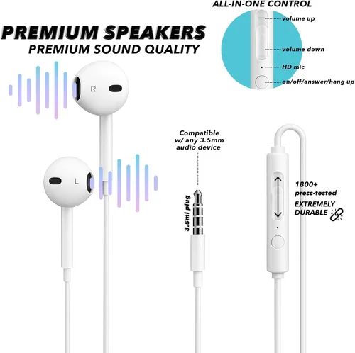 Vista 8 de Auriculares con cable con micrófono, auriculares intrauditivos de 0.138 in con control de volumen en línea, auriculares enchufables para portátiles