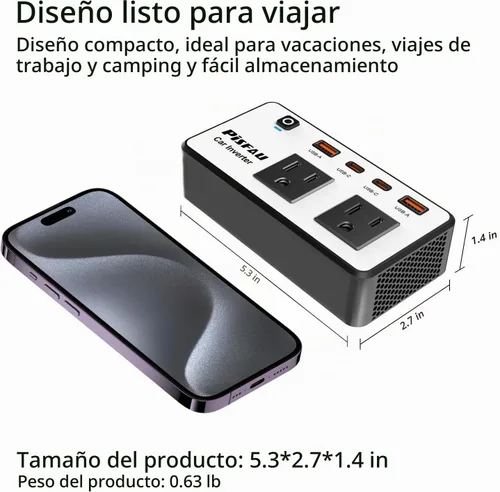 Vista 5 de Inversor de corriente para coche de 300 W, PiSFAU CC 12 V a CA 110 V Adaptador de enchufe de coche con múltiples USB [USB-C de 24 W] / Cargador
