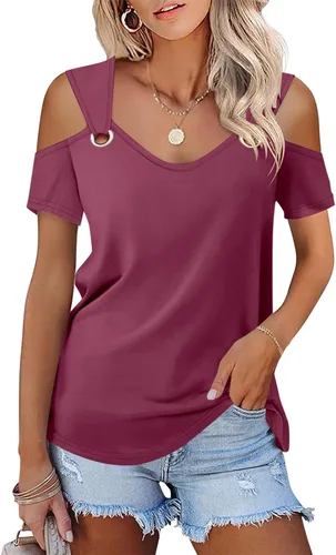 Vista 5 de Minetom - Camisetas básicas de verano para mujer, de manga corta, con hombros descubiertos y cuello en V
