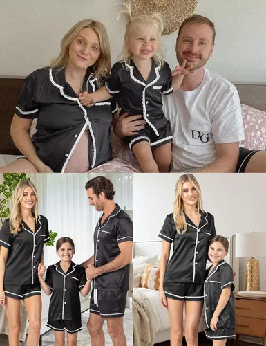 Vista 5 de SWOMOG Conjunto de pijama de satén de seda para mujer, ropa de dormir de manga corta, suave, con botones, 2 piezas, pijama de encaje