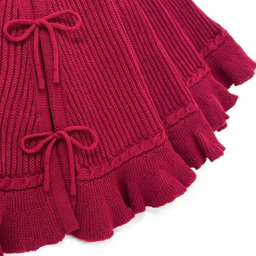 Vista 4 de Suéter de 36 pulgadas con volantes, falda de árbol de Navidad de punto con lazos de encaje, color burdeos