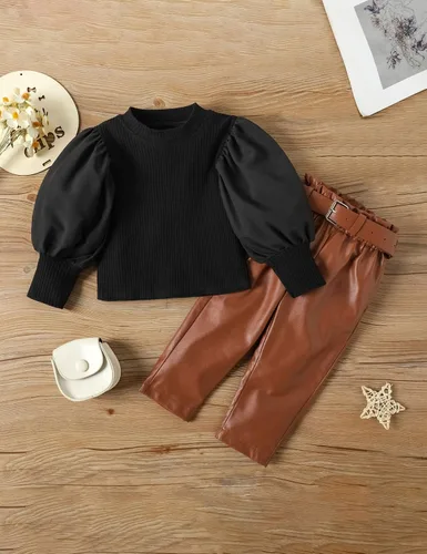 Vista 4 de DONWEN Conjunto de ropa de manga abombada para niñas pequeñas + pantalones de cuero, 2 piezas de ropa de otoño para niñas