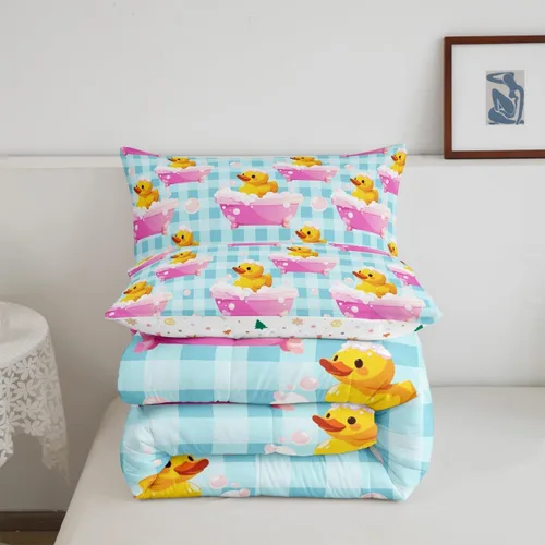 Vista 7 de Erosebridal Juego de ropa de cama a cuadros azul para niños, juego de cama individual con diseño de patos amarillos de dibujos animados, juego