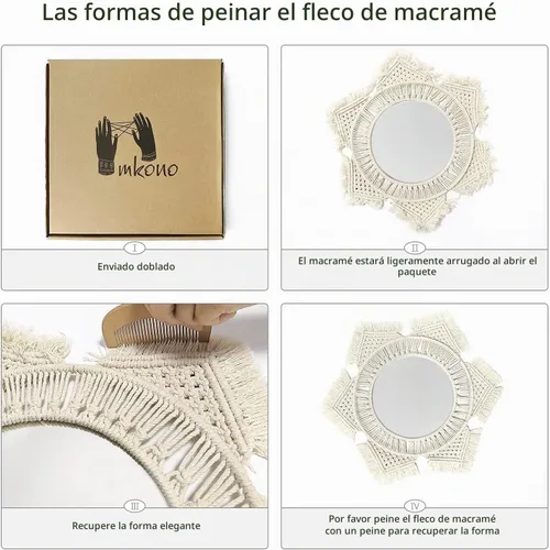 Vista 5 de Mkono - Espejo de pared colgante con flecos de macramé