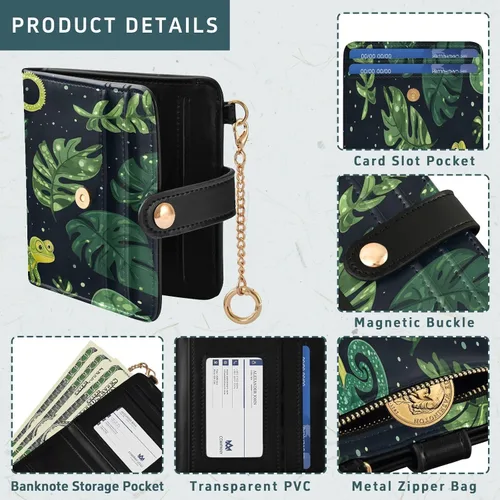 Vista 5 de Qilmy Green Chameleons Compact Women's Wallet - RFID Blocking Bifold Card Case PU Leather Slim Travel Wallet with Zipper Coin Pocket, ID Window &