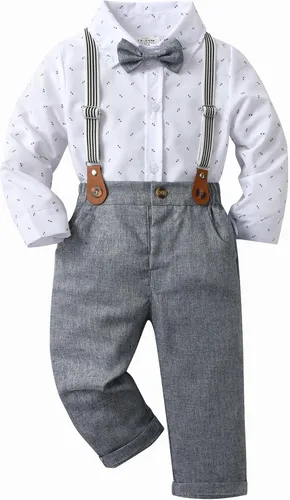 Vista 46 de Conjunto de pantalones para bebé, camisa de manga larga + pantalones + corbatín + tirantes, trajes de caballero para niños pequeños