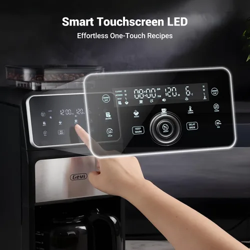 Vista 5 de Gevi Cafetera de Goteo de 10 Tazas con Molinillo Integrado, Máquina de Café Combinada Moler y Preparar con Molinillo de Rebabas con Pantalla Táctil