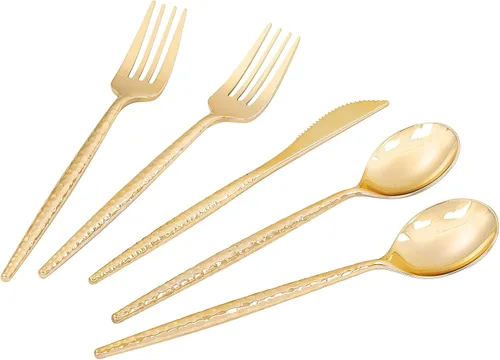 Vista 10 de LIYH - 102 cubiertos de plástico dorado desechables, utensilios de plástico Oro 102