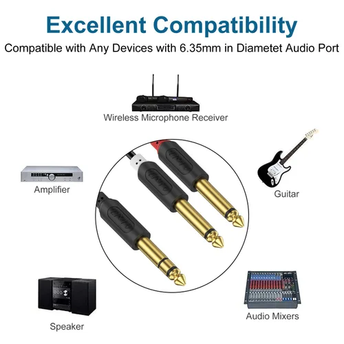 Vista 4 de J&D Cable divisor TRS a Dual TS Y de 1/4 de pulgada, chapado en oro de 0.250 in estéreo macho a 2 macho mono macho para interfaz de audio