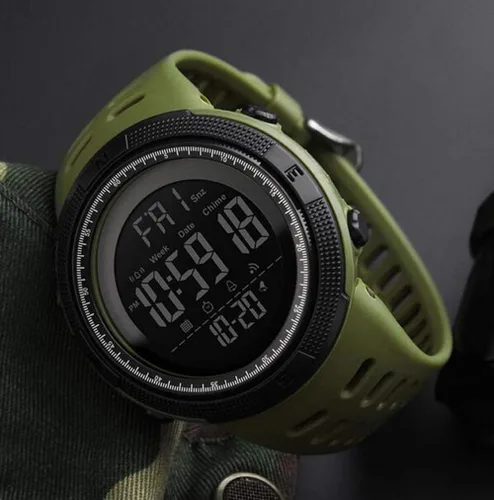Vista 2 de Relojes digitales para hombre multifunción con alarma, cronómetro, LED, relojes deportivos al aire libre, reloj militar impermeable Verde militar
