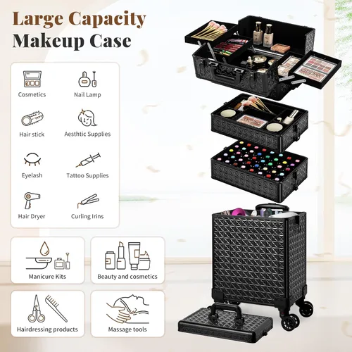 Vista 5 de AROUS Estuche de maquillaje rodante 5 en 1, estuche de cosmetología con ruedas, gran organizador cosmético, carro de viaje para estilista, artista