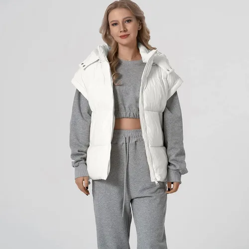 Vista 47 de Shiyifa Chaleco acolchado para mujer, chaqueta de gran tamaño, sin mangas, ligera, con cremallera, con capucha desmontable
