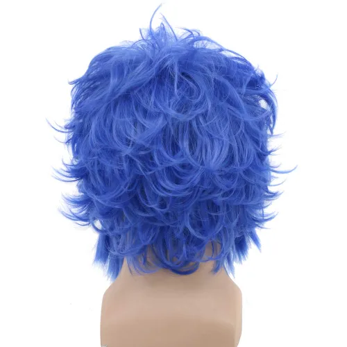 Vista 4 de yuehong Peluca azul rizada corta para hombre, cosplay de anime en capas