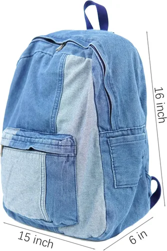 Vista 4 de YunZh Mochila de mezclilla estilo casual ligero jeans mochilas clásicas retro viaje mochila, C-azul claro Más grande, Mochilas Daypack
