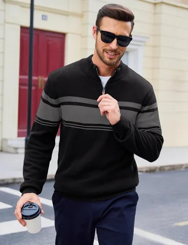 Vista 14 de MAGCOMSEN Suéteres de algodón con cremallera de 1/4 para hombre, suéter tipo polo, a rayas, para otoño e invierno, sudaderas cálidas