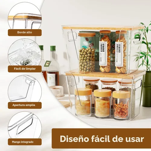 Vista 5 de Criusia 2 organizadores grandes y 2 pequeños de despensa y almacenamiento con tapas de bambú, contenedores transparentes apilables para cebolla