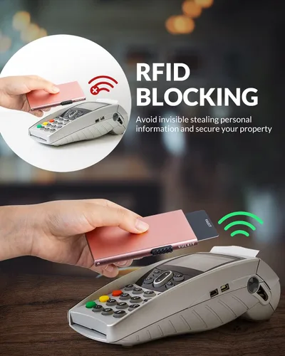 Vista 4 de VULKIT Tarjetero minimalista para tarjetas de crédito tarjetas emergentes protección RFID cartera de metal delgada Oro Rosa Minimalista
