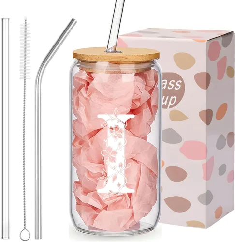Vista 15 de Regalos personalizados para mujeres, tazas de vidrio con monograma con tapas y pajitas, regalos personalizados para mujeres, vasos de café helado