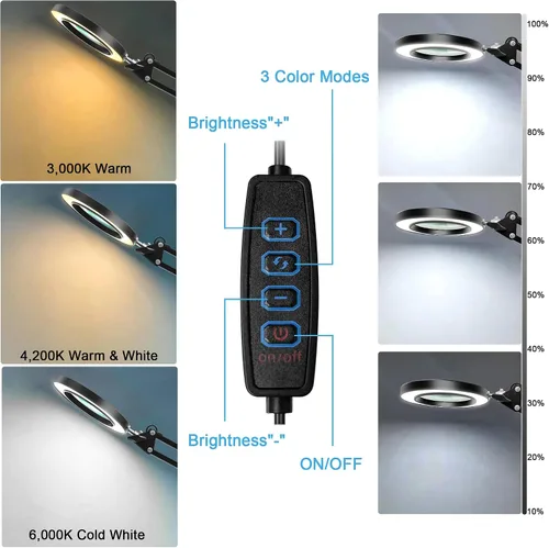Vista 3 de Lupa de Aumento 10X con Luz y Abrazadera, Lupa de Cristal Real con LED Iluminada, 3 Modos de Color 10 Niveles Regulables, Lámpara de Aumento