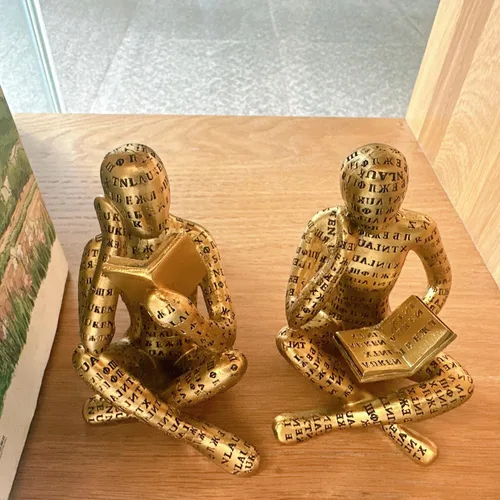 Vista 8 de Estatua de Pensador de Lectura Dorado Antiguo, Juego de 2 Decoración de Estantería Arte Abstracto Esculturas de Pensador, Figurilla Estética Moderna
