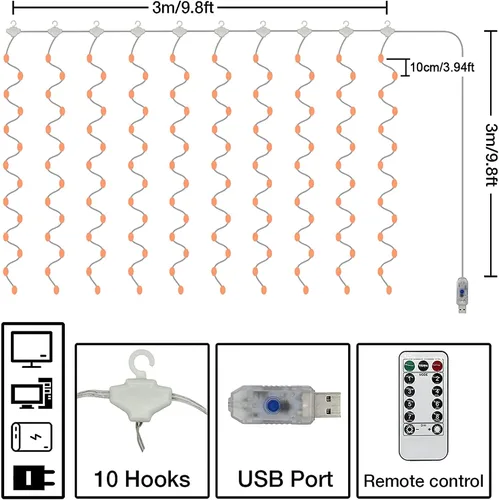 Vista 6 de Guirnalda de 300 luces LED para cortina, luces parpadeantes para dormitorio con 8 modos de iluminación, luces de Navidad USB para fiesta, hogar