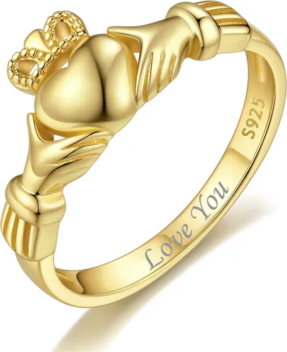Vista 8 de ChicSilver Anillo Claddagh con nudo celta, plata de ley 925, anillos irlandeses 05. Claddagh-Oro