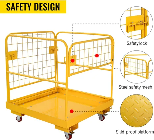 Vista 3 de Jaula de seguridad para carretilla elevadora de 36 x 36 pulgadas, plataforma de trabajo de acero resistente, capacidad de 1150 libras con 4 ruedas