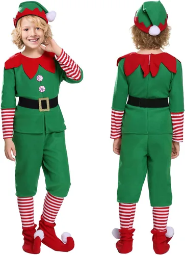 Vista 4 de Cowaski Disfraz de elfo para niños, disfraz de elfo de Navidad para niñas y niños. Disfraz de ayudante de Papá Noel, traje festivo de Navidad