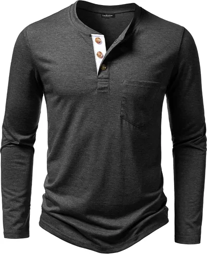 Vista 10 de LucMatton - Camiseta Henley para hombre, ligera, casual, elástica, ajuste entallado, manga larga, con bolsillo Verde militar