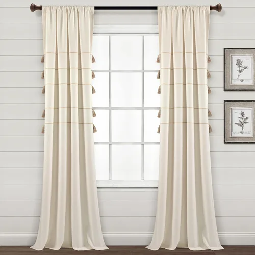 Vista 13 de Lush Decor Cortinas de ventana de mezcla de algodón teñido con borlas, estilo bohemio, estilo bohemio, a rayas, 42 pulgadas de ancho x 84 pulgadas