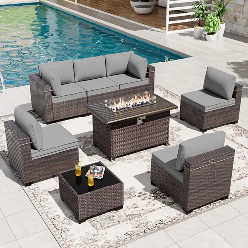 Vista 50 de Gotland Juego de muebles de patio de 6 piezas con 1 mesa auxiliar, 5 plazas de ratán seccional para exteriores con reposabrazos anchos de 29.5 Gris