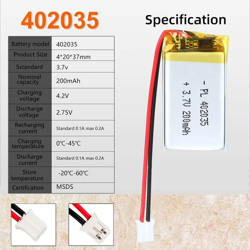 Vista 3 de 3.7V 200mAh 402035 Lipo batería recargable batería de iones de polímero de litio con conector JST