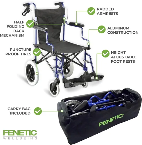 Vista 4 de Fenetic Wellbeing - Silla de ruedas plegable ligera para adultos, pesa 26 libras, silla de ruedas portátil de 18 pulgadas con bolsa de transporte