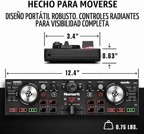 Vista 5 de [Usado] Numark DJ2GO2 Touch - Controlador USB compacto de 2 platos para Serato DJ con mezclador/crossfader, interfaz de audio y rueda de selección