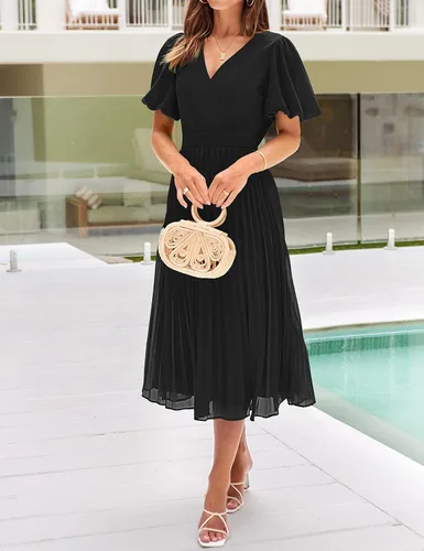Vista 7 de MEROKEETY Vestido midi plisado con cuello en V y mangas abullonadas para mujer, para invitadas de boda