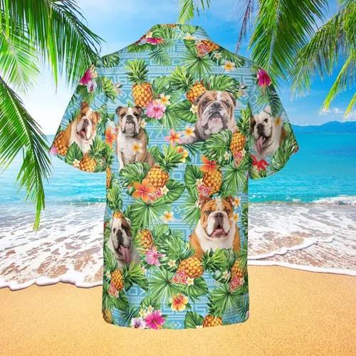 Vista 2 de Amantes de perros Tropicales Frangipani camisa hawaiana manga corta impresa botón abajo verano playa vestido camisas serie 226