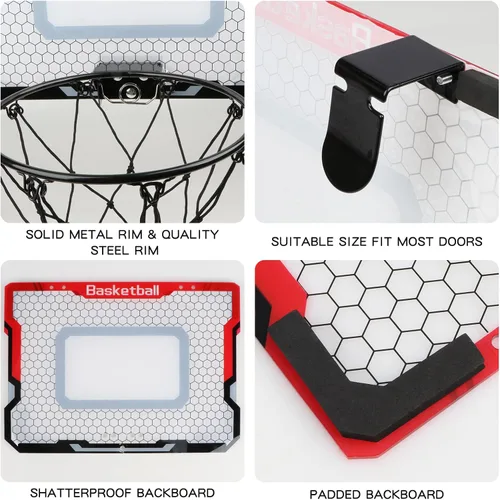 Vista 4 de Aro de baloncesto interior con 2 bolas y accesorios completos, sobre la puerta y mini aro para niños y adultos